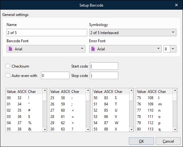 The Setup Barcode window with 2 of 5 Interleaved symbology selected.